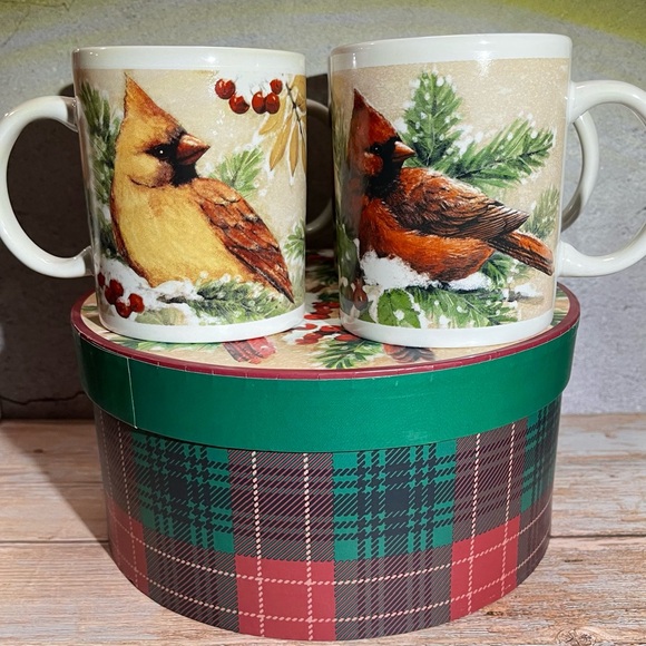 Cardinal Tea Coffee Cup Set of 4 Mugs Bird Stoneware Cracker Barrel Plaid VTG - Picture 2 of 9